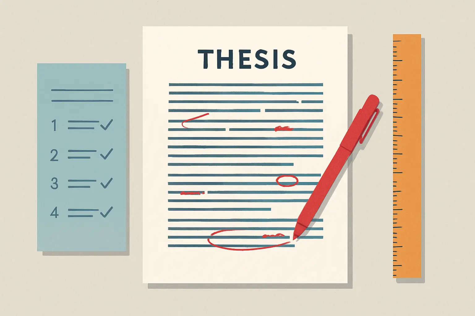 Checklist de revisión del TFG con documento académico y marcaciones de corrección sobre escritorio universitario