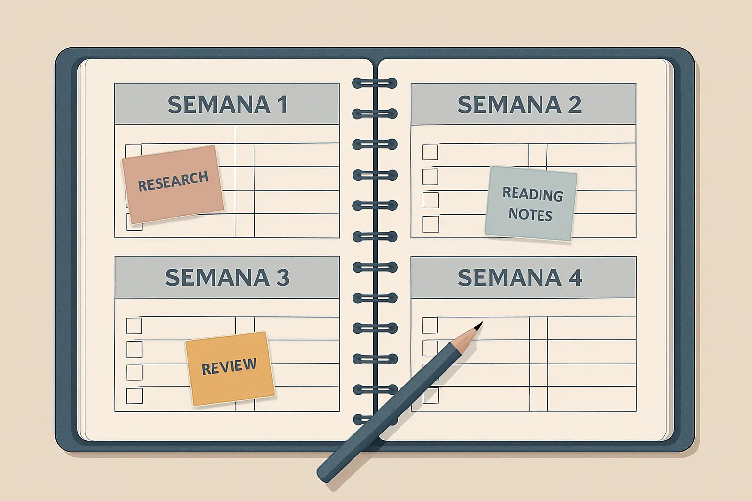 Planificador semanal de cuatro semanas para terminar la tesis, con tareas y casillas de verificación