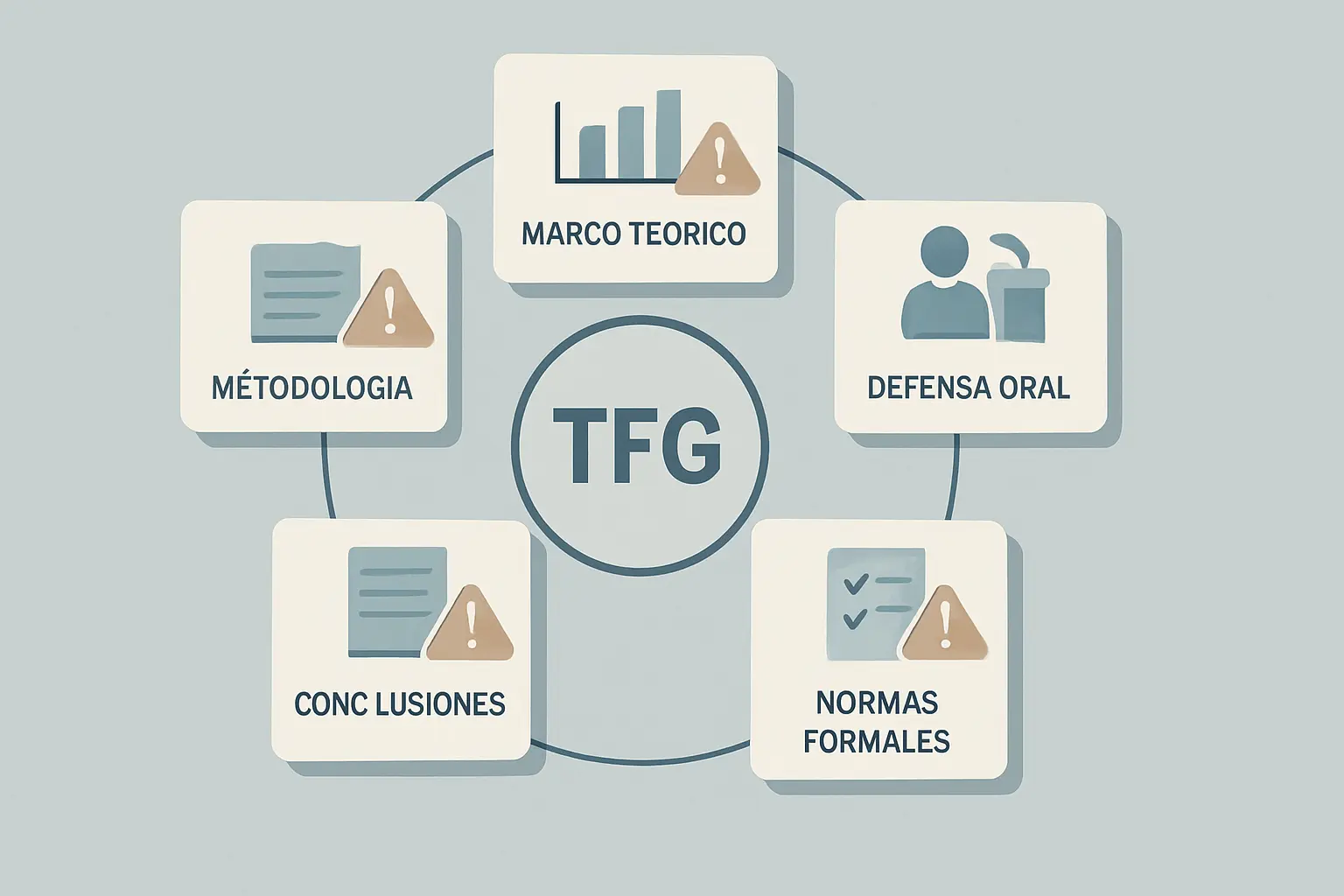 Ilustración de las causas más frecuentes de suspenso en la defensa del TFG: metodología, marco teórico, presentación oral, normas formales y coherencia de conclusiones