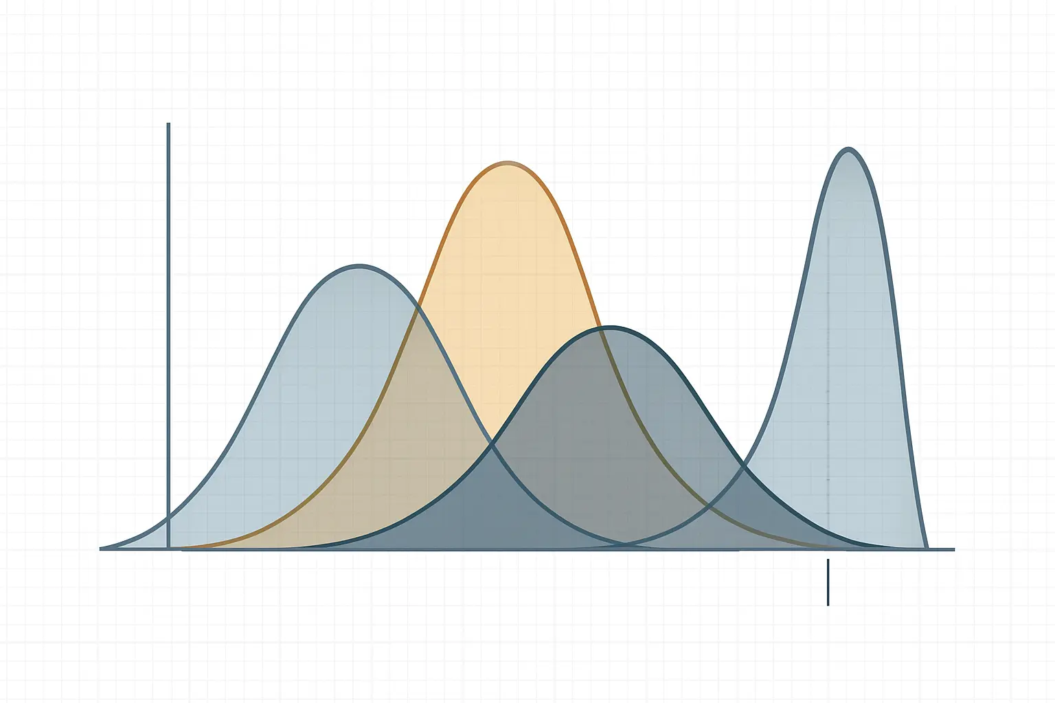 Ilustración estadística del ANOVA de un factor: tres distribuciones de grupos con la distribución F y región de rechazo para interpretar el estadístico F y el valor p
