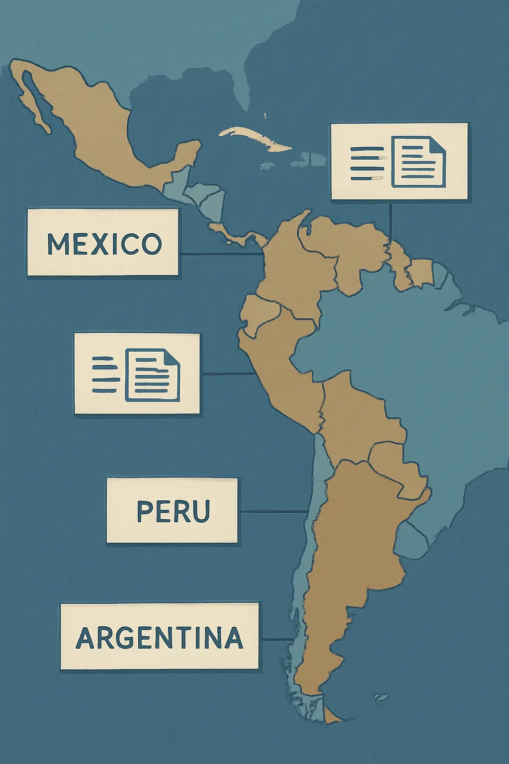 Mapa de Latinoamérica con los requisitos de trabajo final de grado por país: tesina en México y Argentina, trabajo de grado en Colombia y tesis en Perú