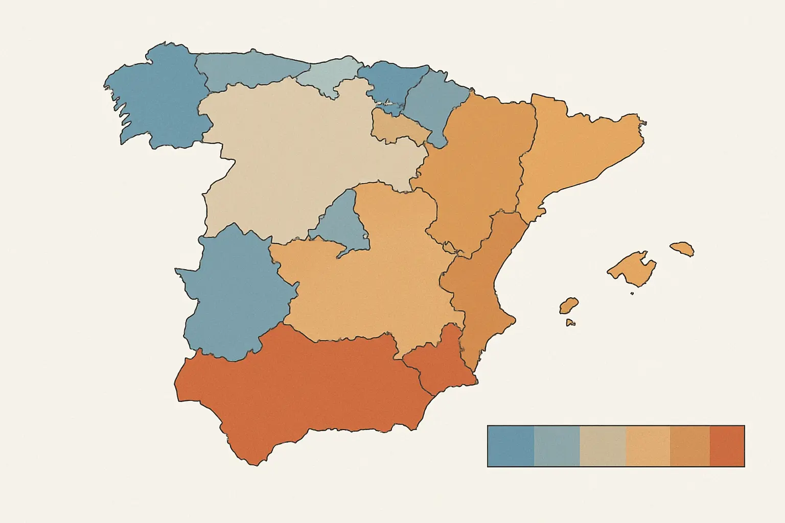 Mapa conceptual de España con gradiente de colores que ilustra la variación del precio de la matrícula universitaria por comunidad autónoma