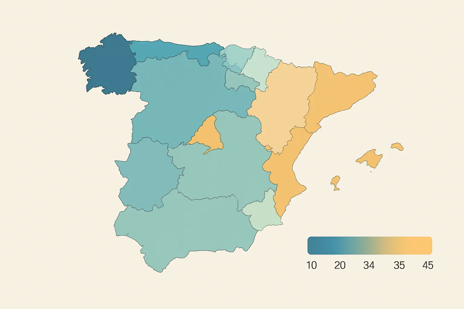 Mapa de España con el precio del crédito ECTS de máster por comunidad autónoma en 2026, de más barato (Galicia y Andalucía) a más caro (Madrid)