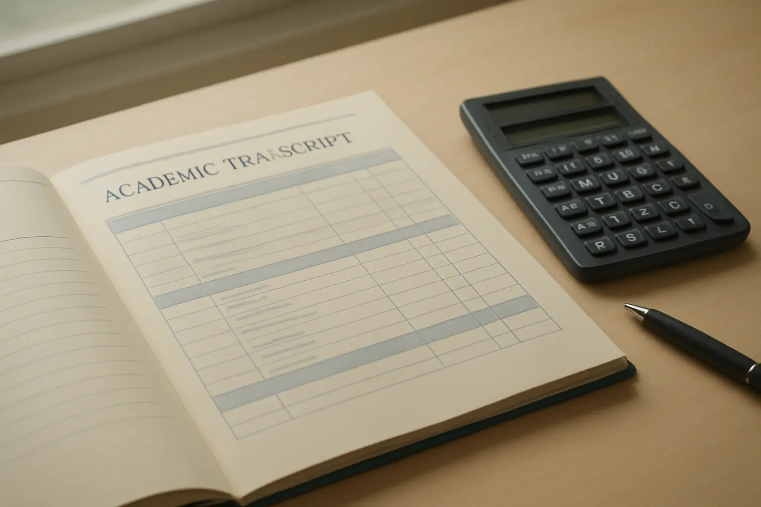 Expediente académico y calculadora sobre un escritorio, ilustrando el cálculo de la media ponderada con la nota del TFG