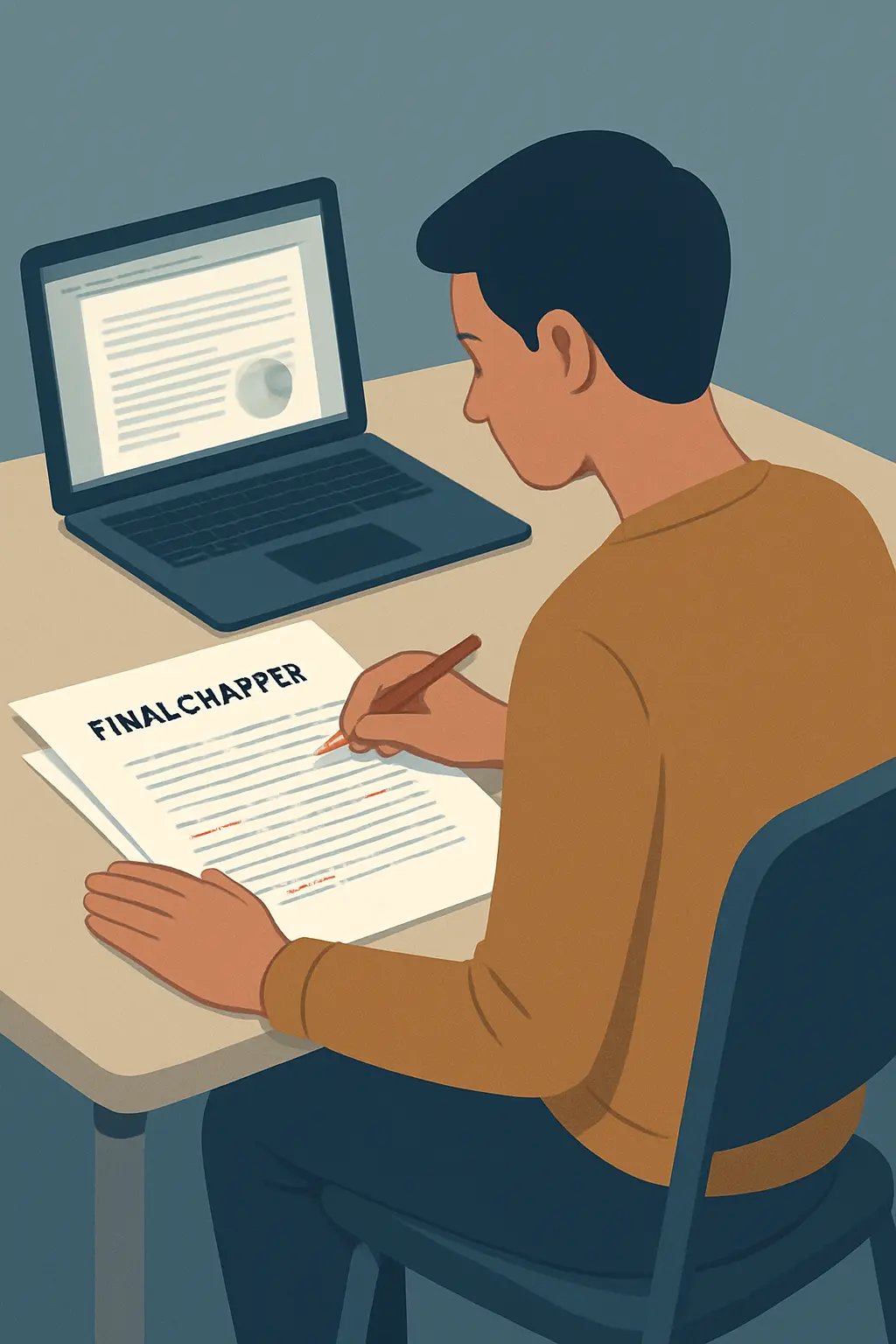 Estudiante revisando el borrador final de su tesis antes de la entrega, con el informe del detector de plagio en pantalla
