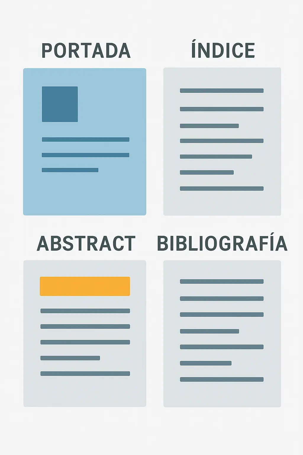 Diagrama de estructura del TFG con bloques de portada, índice, abstract y bibliografía para revisión final