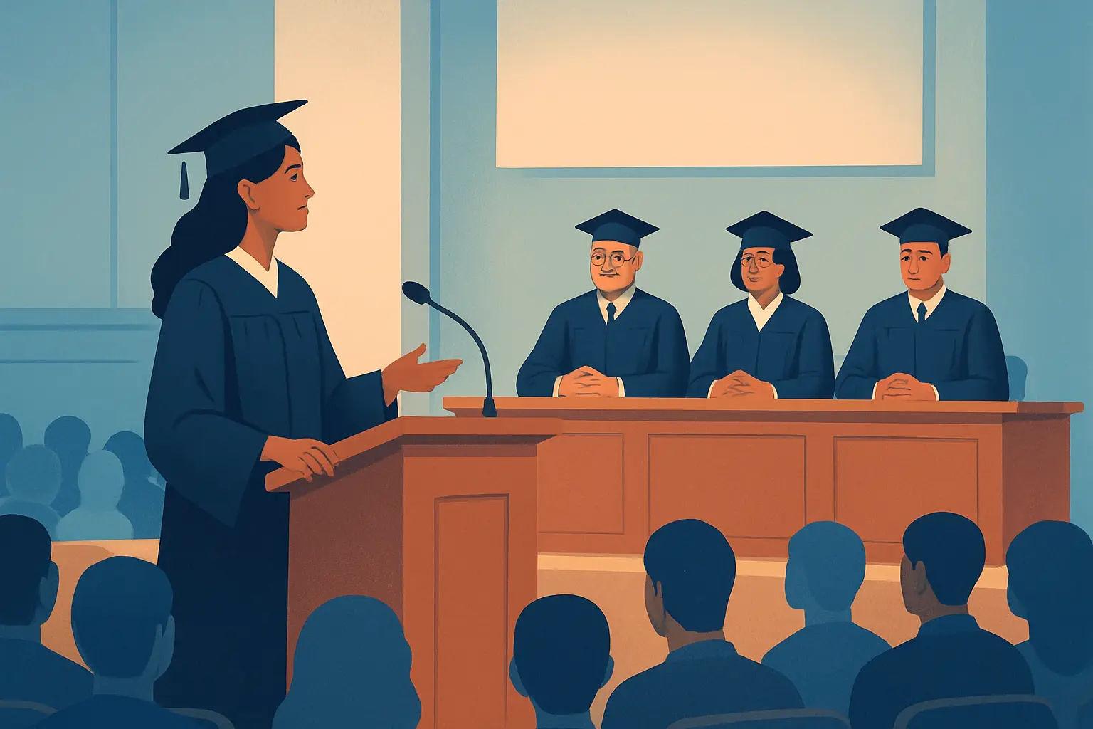 Ilustración de la sustentación de tesis ante el jurado en una universidad latinoamericana