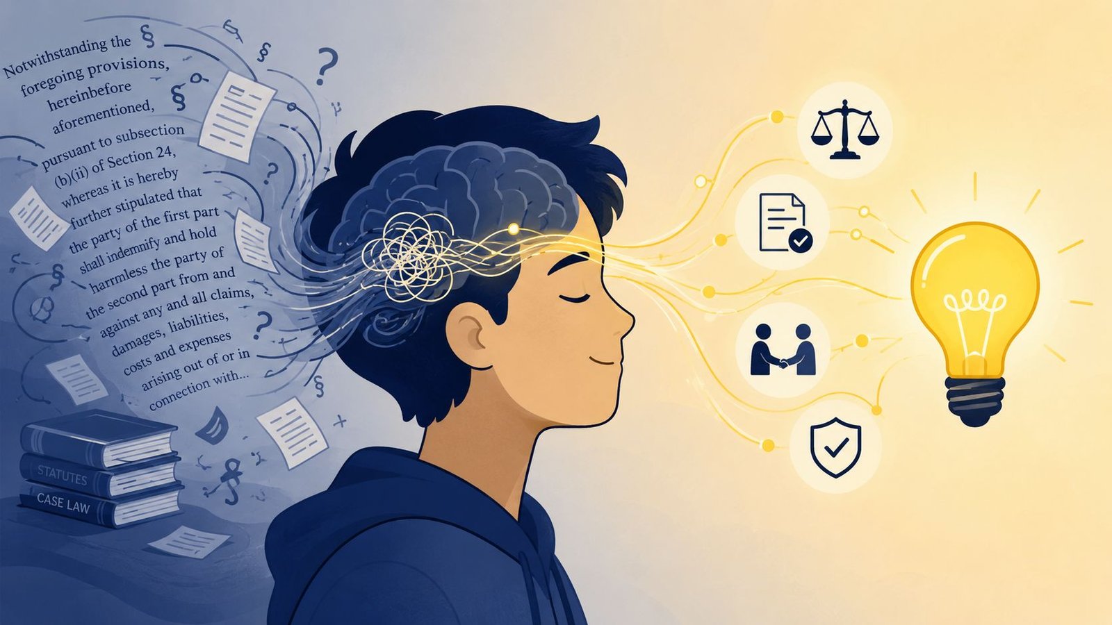 Ilustración de una persona transformando textos legales complejos en ideas claras y soluciones prácticas brillantes.