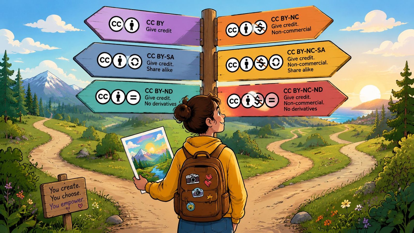Una joven observa un poste de señales con opciones de licencias Creative Commons en un paisaje.