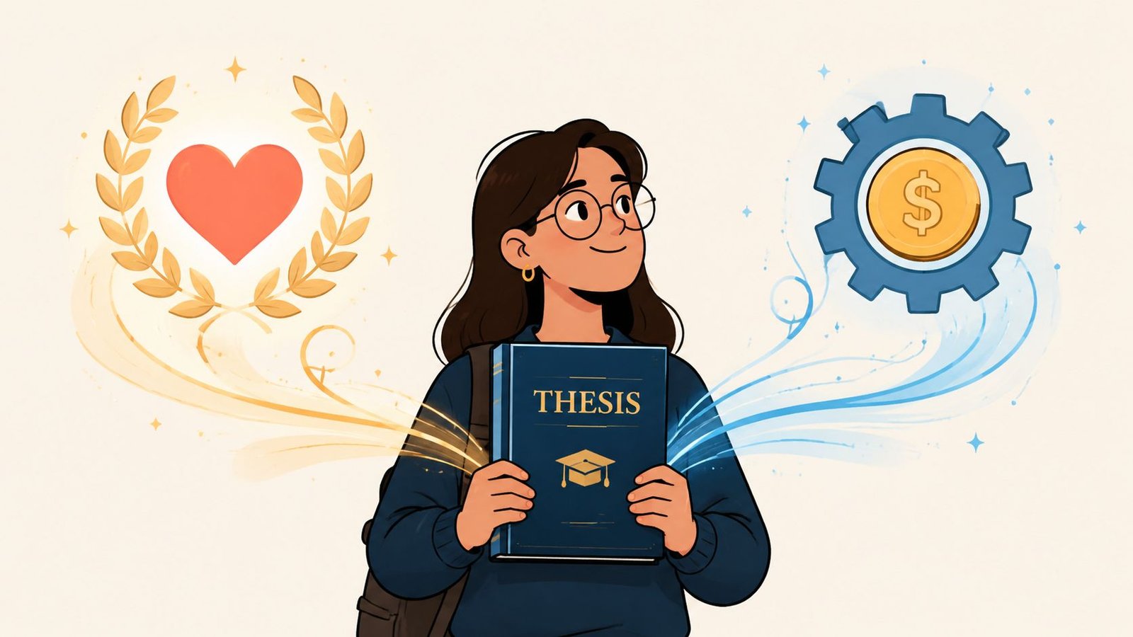 Estudiante sosteniendo su tesis considerando opciones entre pasión personal y éxito financiero profesional