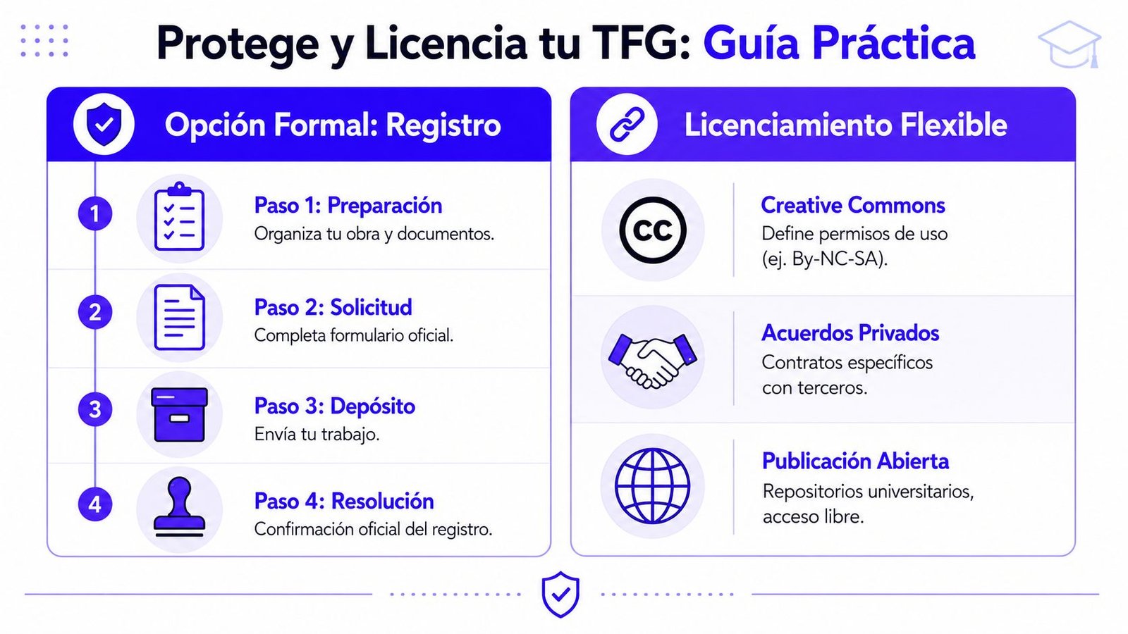 Guía práctica sobre cómo proteger y licenciar un TFG mediante registros formales o licencias flexibles.