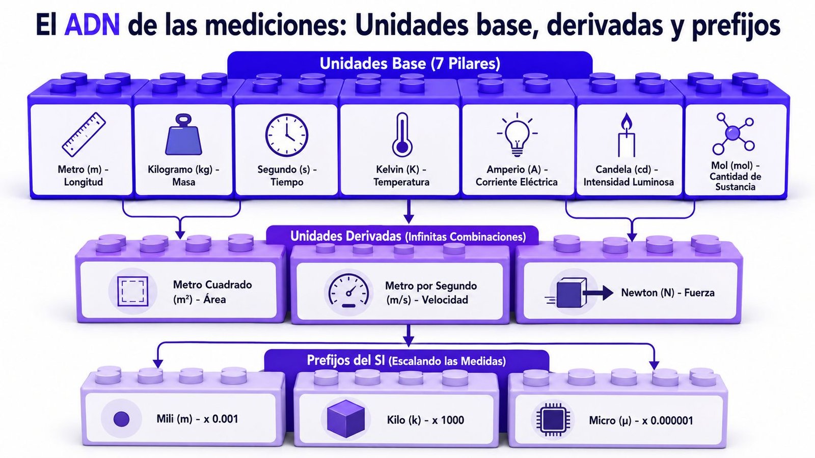 Diagrama educativo sobre el Sistema Internacional de Unidades, mostrando unidades base, derivadas y prefijos de escala.