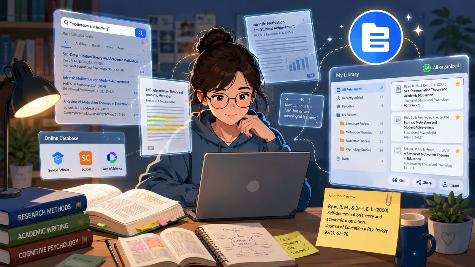 Estudiante joven trabajando en su laptop organizando referencias académicas y bibliografía para una tesis de investigación.