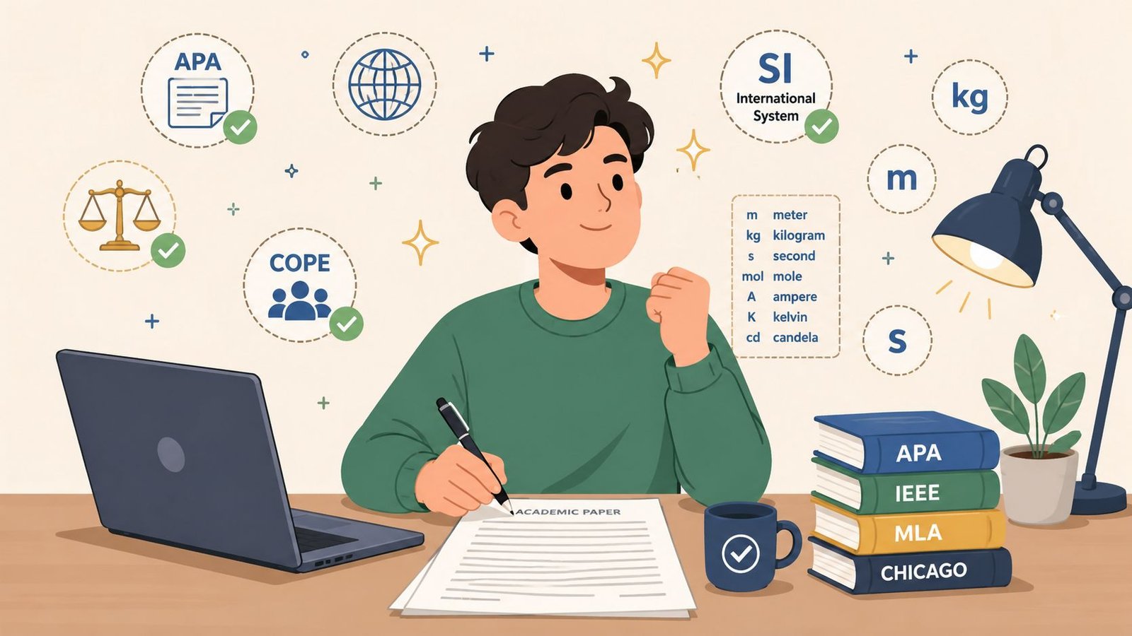 Estudiante escribiendo un trabajo académico rodeado de iconos sobre sistemas de medida y normas de estilo.