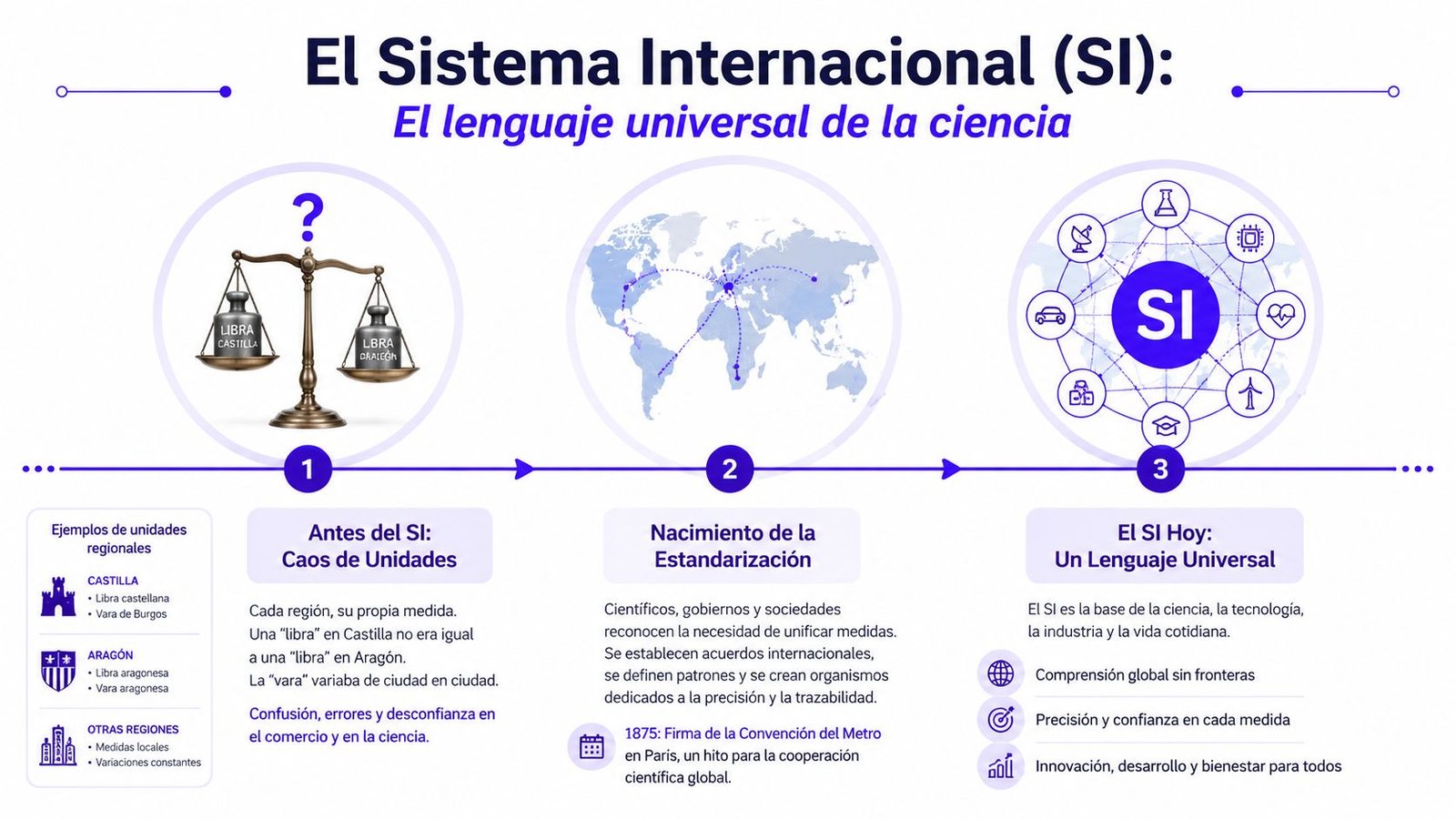 Infografía sobre la evolución histórica y la importancia actual del Sistema Internacional de unidades de medida.