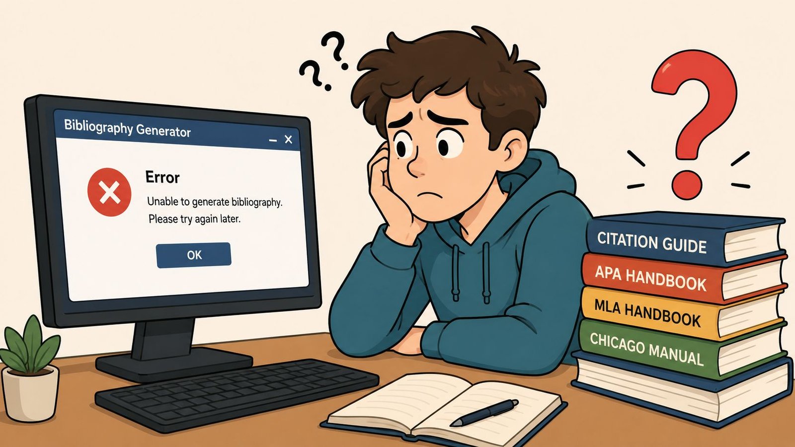 Un estudiante frustrado frente a una computadora mostrando un error al intentar crear una bibliografía académica.