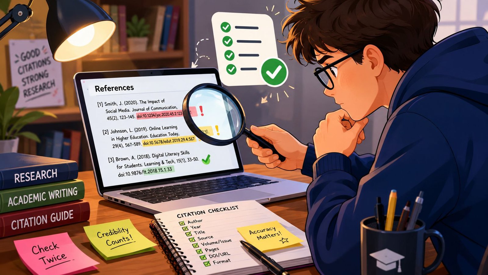 Un estudiante revisando una lista de referencias académicas en una computadora usando una lupa y una lista.