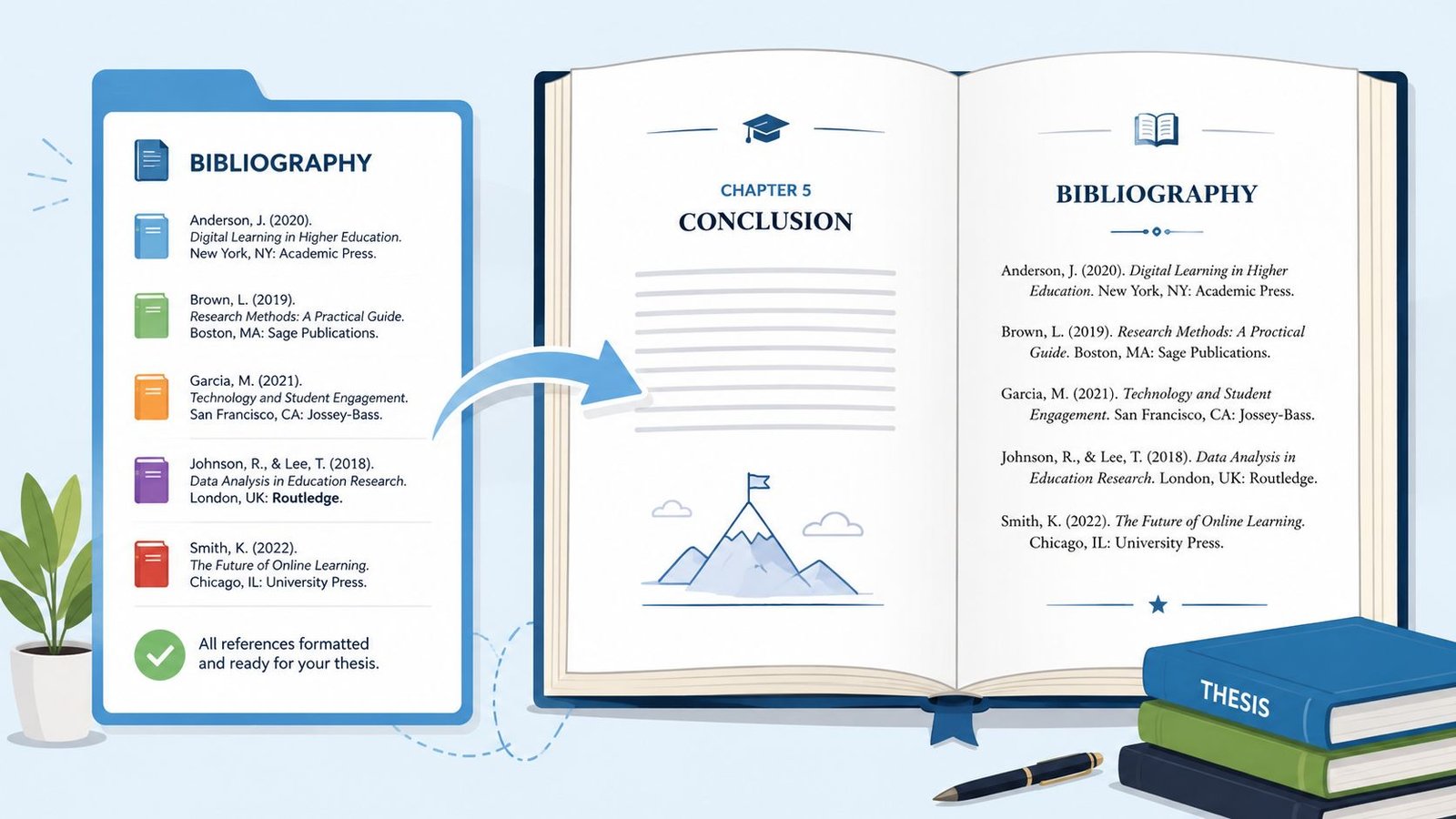 Representación visual de un generador de citas estilo APA para organizar referencias bibliográficas en una tesis.