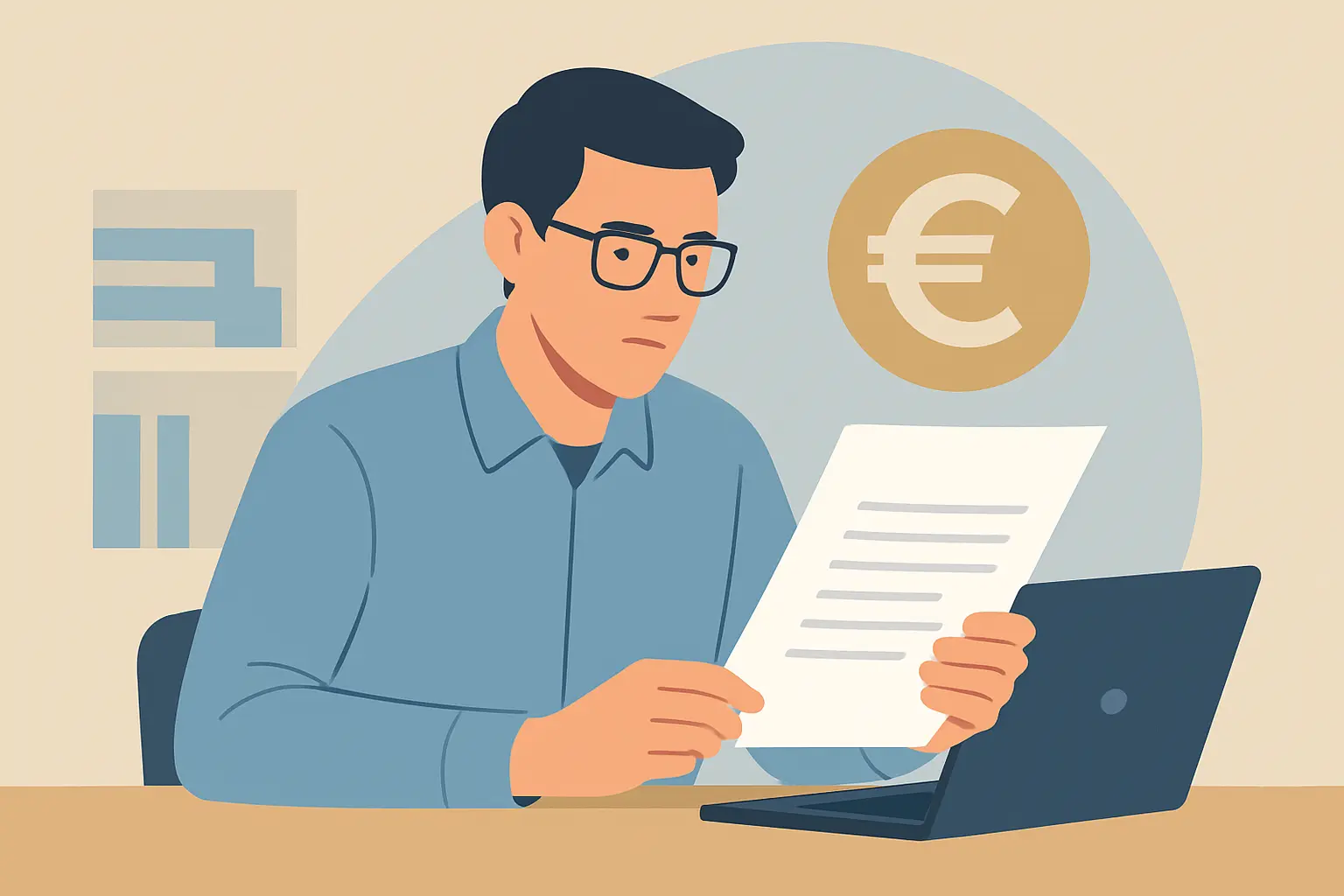 Ilustración editorial de un doctorando revisando su financiación predoctoral en un escritorio con laptop