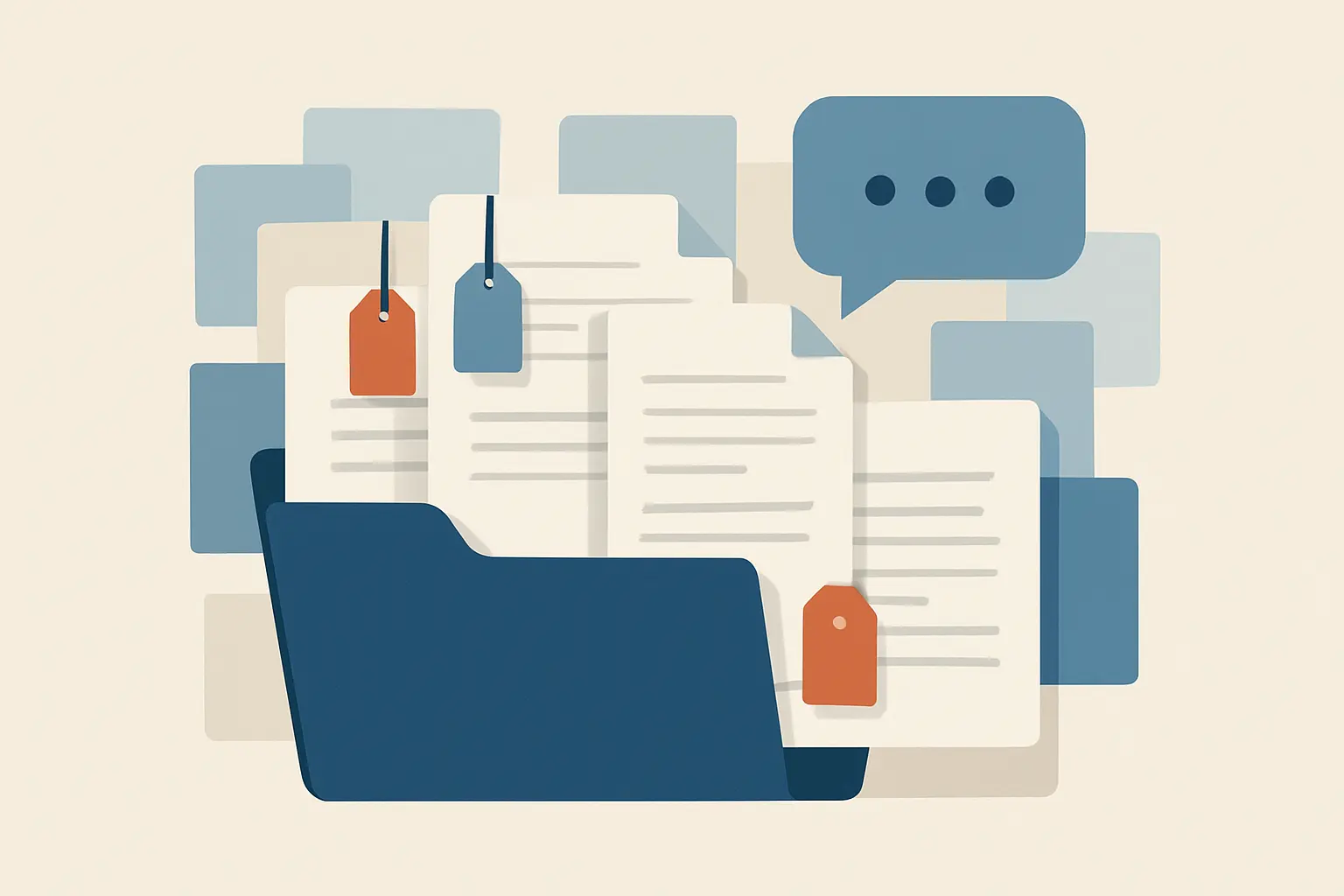 Ilustración de carpetas de documentos académicos organizados con inteligencia artificial conversacional