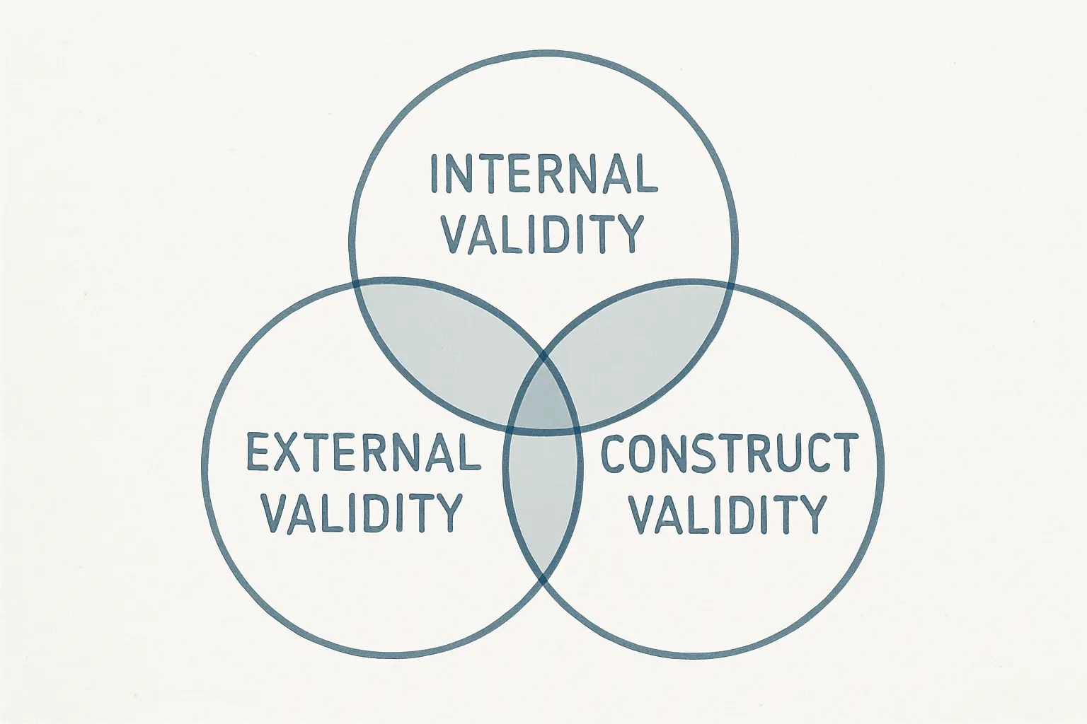 Diagrama de tres círculos superpuestos que representan la validez interna, externa y de constructo en el diseño de una investigación