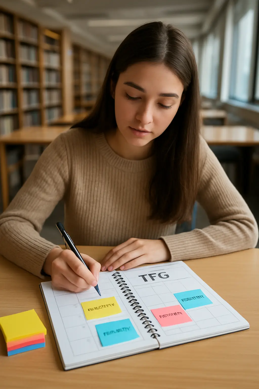 Estudiante universitaria planificando el cronograma de su TFG por fases en un planificador de papel