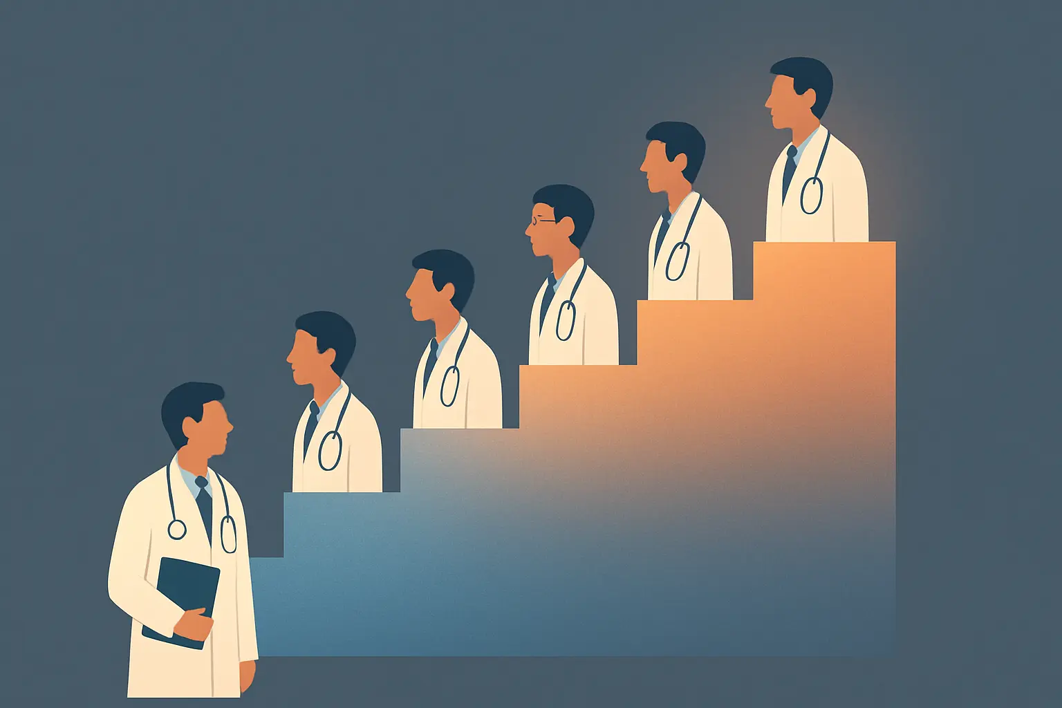 Escalones ilustrados que representan las etapas de la carrera médica desde residente hasta especialista
