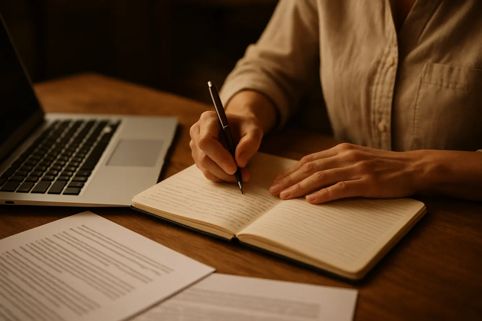 Revisión manual de un trabajo académico con anotaciones a mano junto al ordenador durante el proceso de corrección
