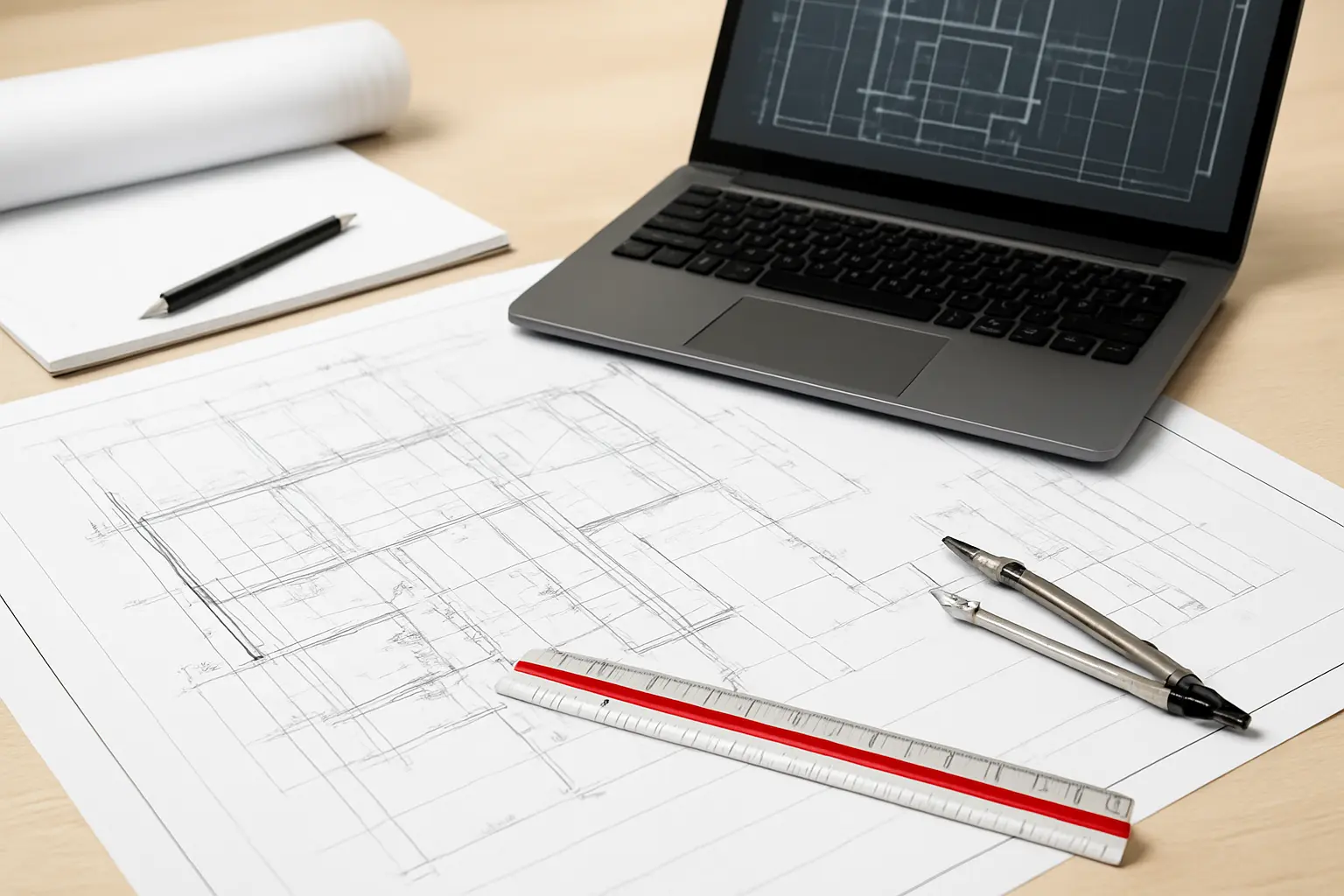 Plano y croquis arquitectónico junto a un portátil con un proyecto de edificación, propios del TFM de un máster habilitante de Arquitectura