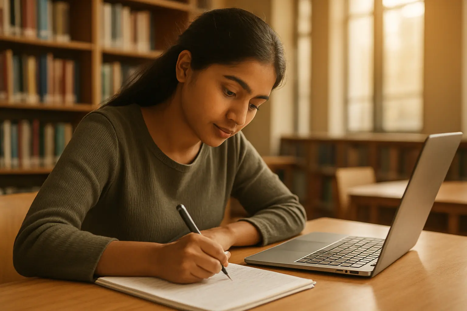 Estudiante universitaria redactando y estructurando su TFG de Publicidad y Relaciones Públicas en la biblioteca
