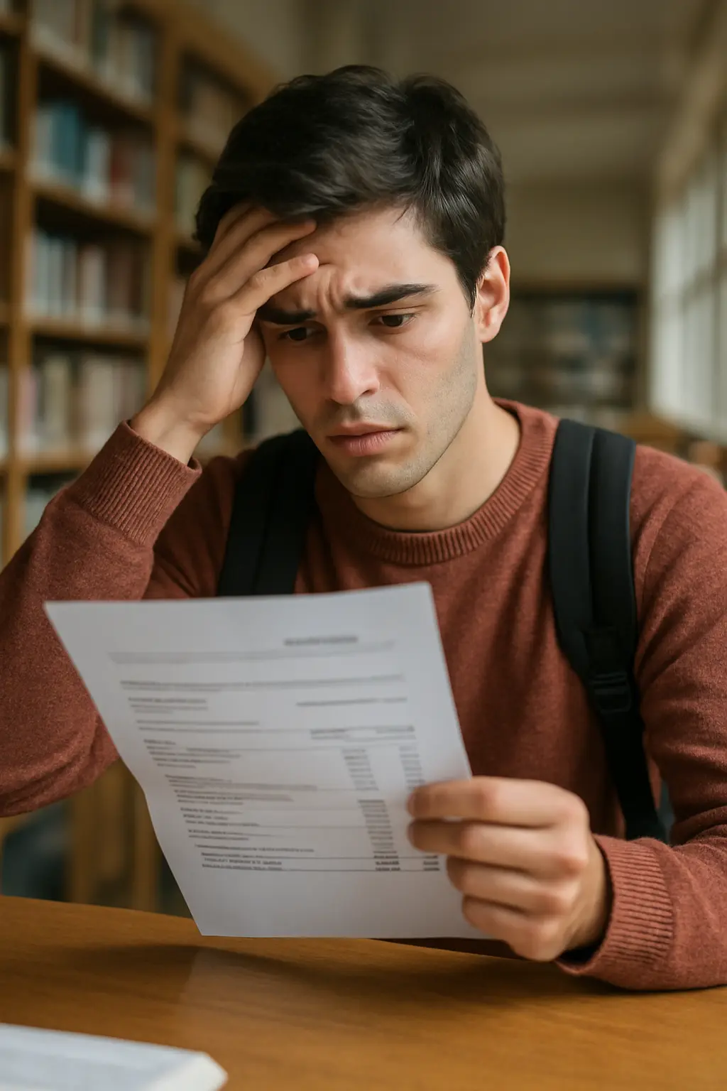 Estudiante revisando el recibo de matrícula universitaria con el coste de repetir el TFG