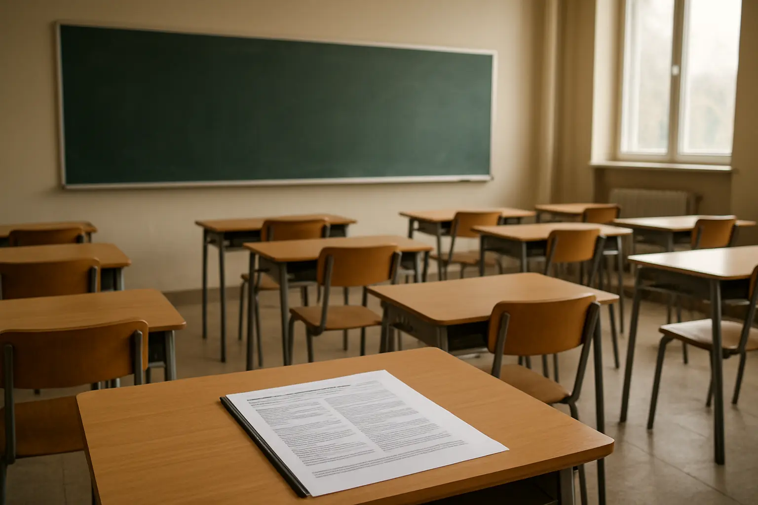 Aula vacía con una programación didáctica impresa sobre el pupitre, representando la preparación docente de la oposición