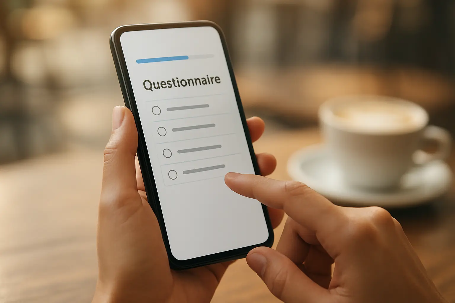 Persona respondiendo un cuestionario online desde el teléfono móvil