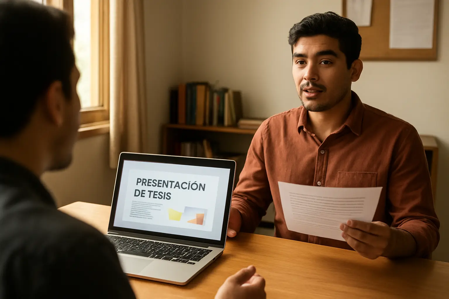 Estudiante latinoamericano ensayando en voz alta su presentación de sustentación de tesis frente a un compañero