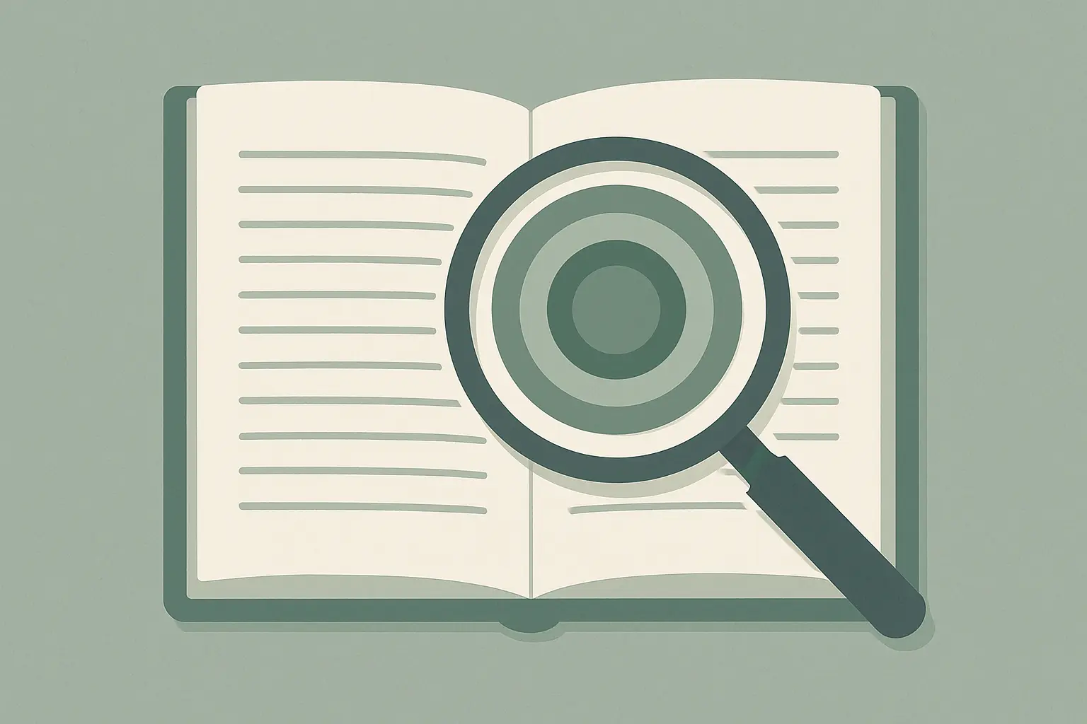Ilustración de un cuaderno abierto con una lupa revelando patrones circulares, simbolizando la interpretación reflexiva del investigador