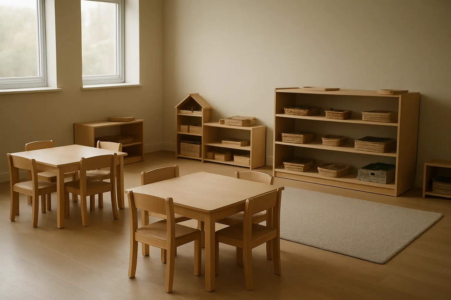Aula de educación infantil vacía con mesas bajas y materiales didácticos ordenados