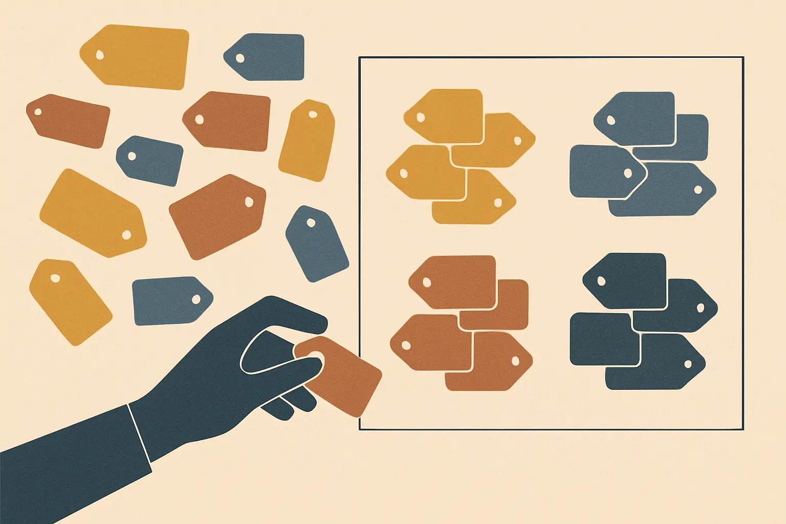 Ilustración de etiquetas abstractas agrupándose en racimos, simbolizando la codificación y agrupación de datos cualitativos en temas