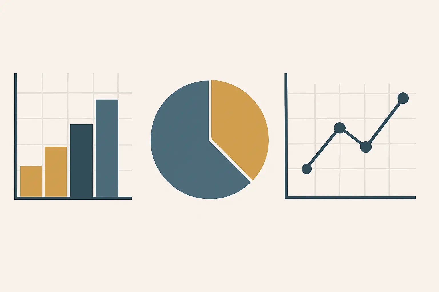 Tres tipos de gráficos, barras, sectores y líneas, que representan las opciones de visualización de resultados de la encuesta