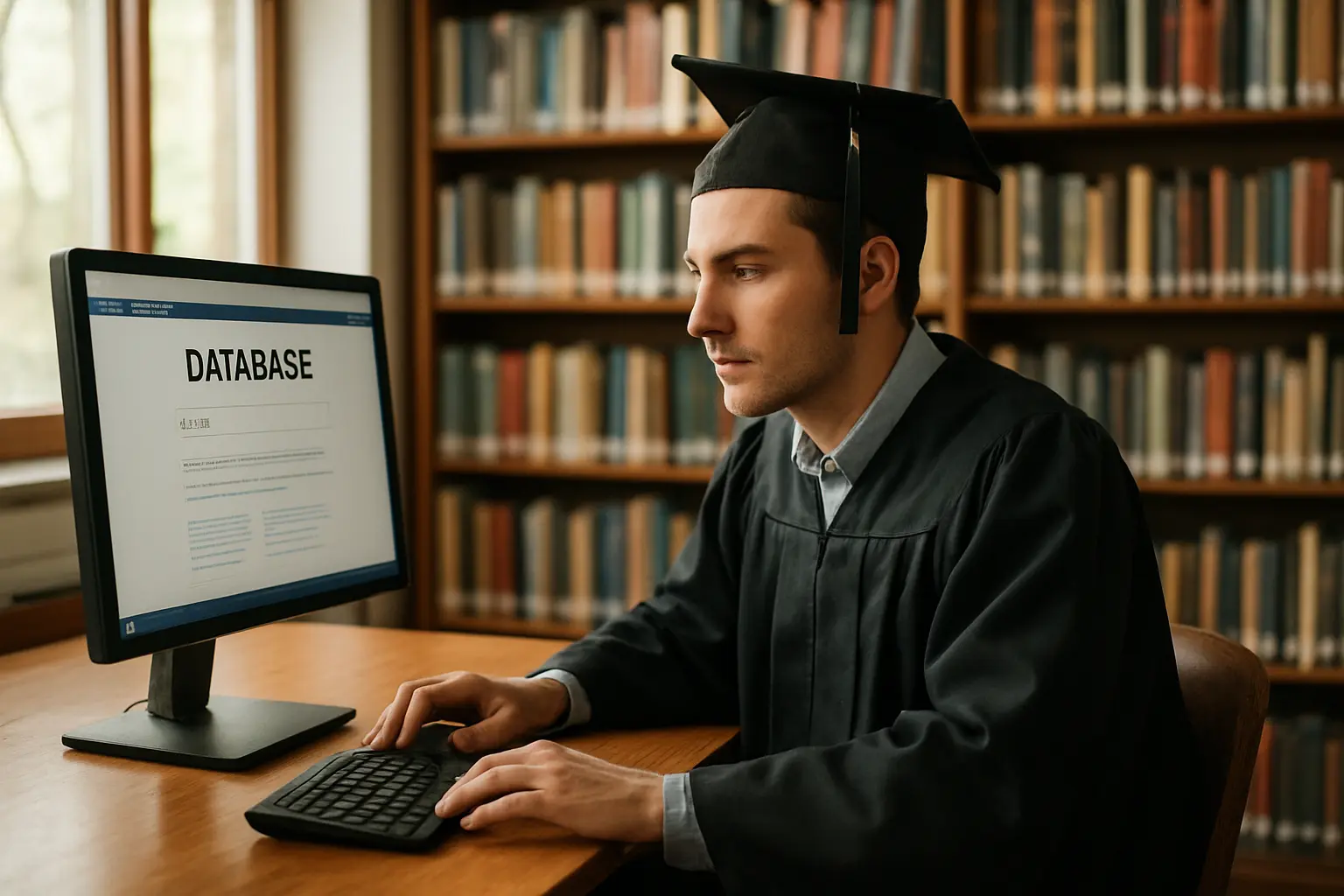 Estudiante buscando tesis doctorales en una base de datos académica desde la biblioteca universitaria