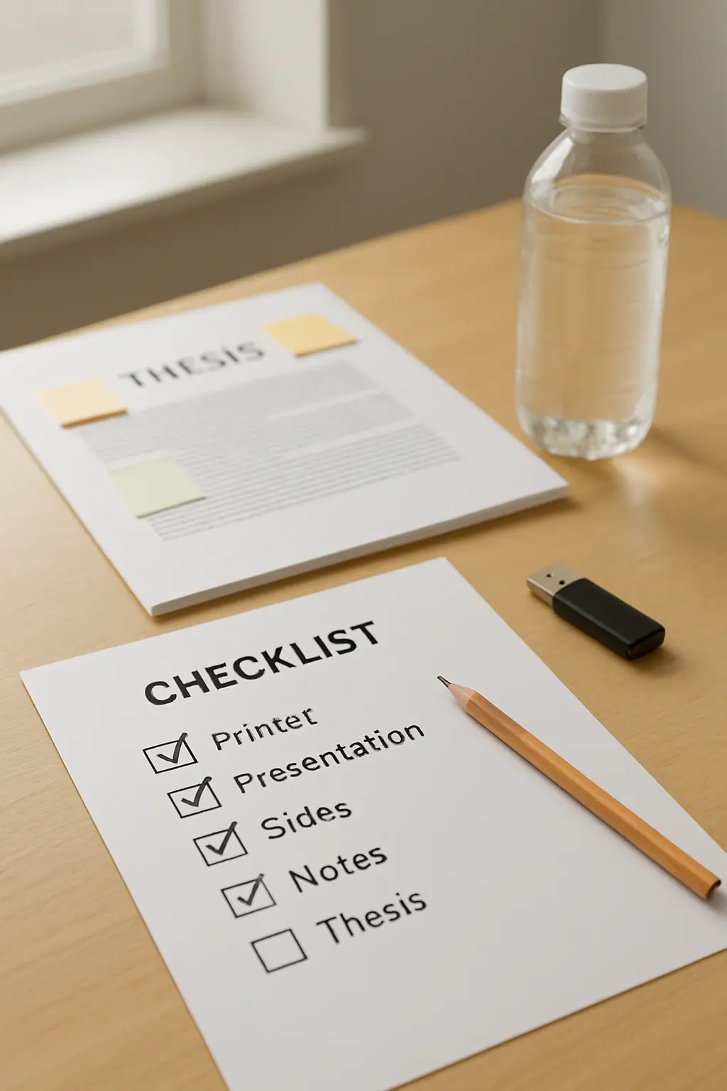 Checklist impresa, memoria USB y copia de la tesis preparadas para el día de la sustentación
