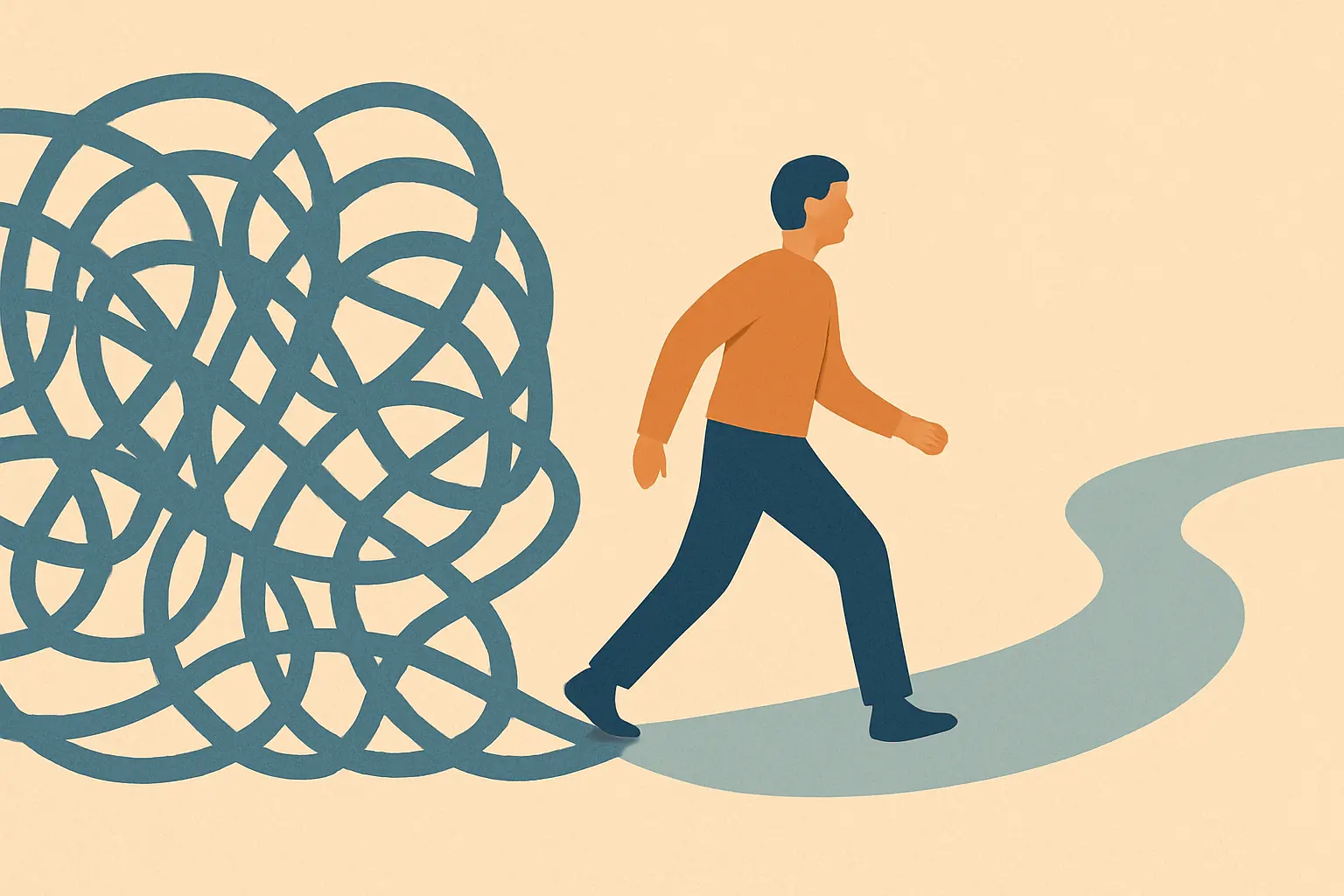 Ilustración de una persona saliendo de un laberinto simbólico hacia un camino despejado, representando la superación de un bloqueo de motivación