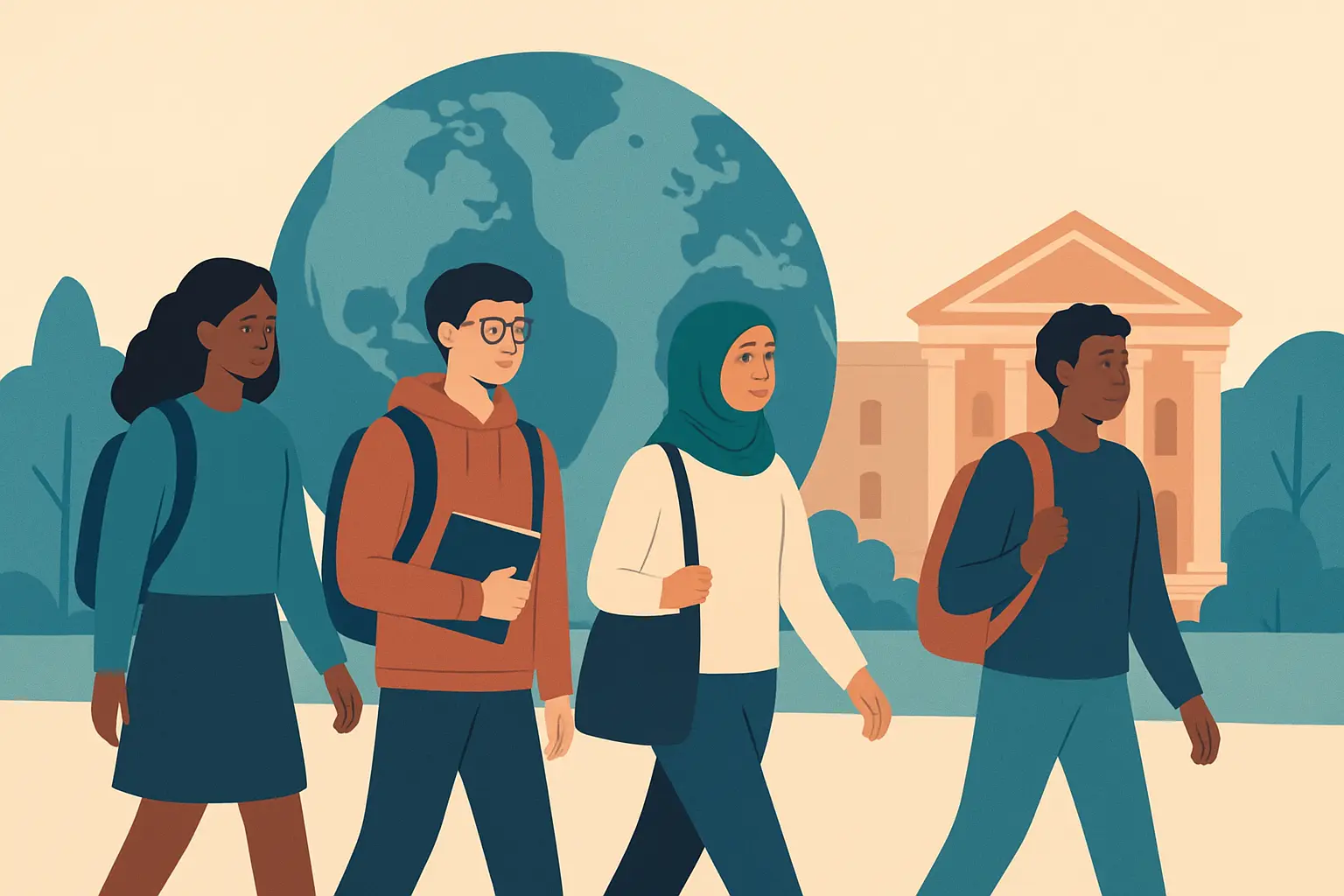 Estudiantes internacionales de distintos orígenes en un campus universitario español