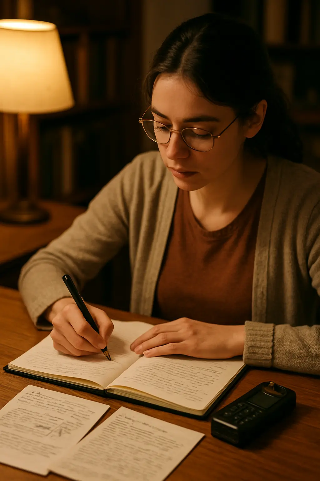 Investigadora escribiendo en un diario reflexivo durante una investigación cualitativa