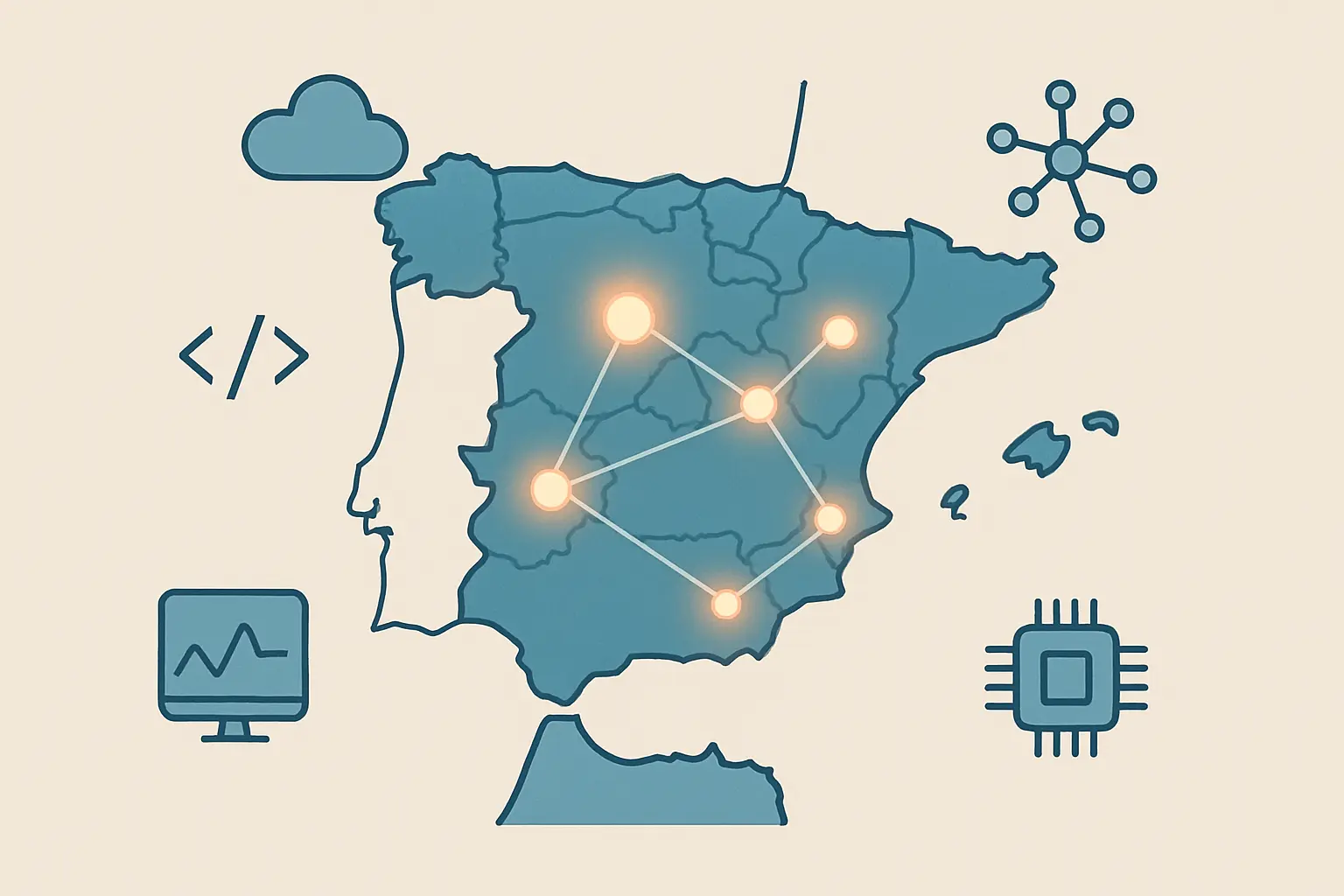 Mapa estilizado de sectores tecnológicos y demanda laboral por comunidades autónomas en España