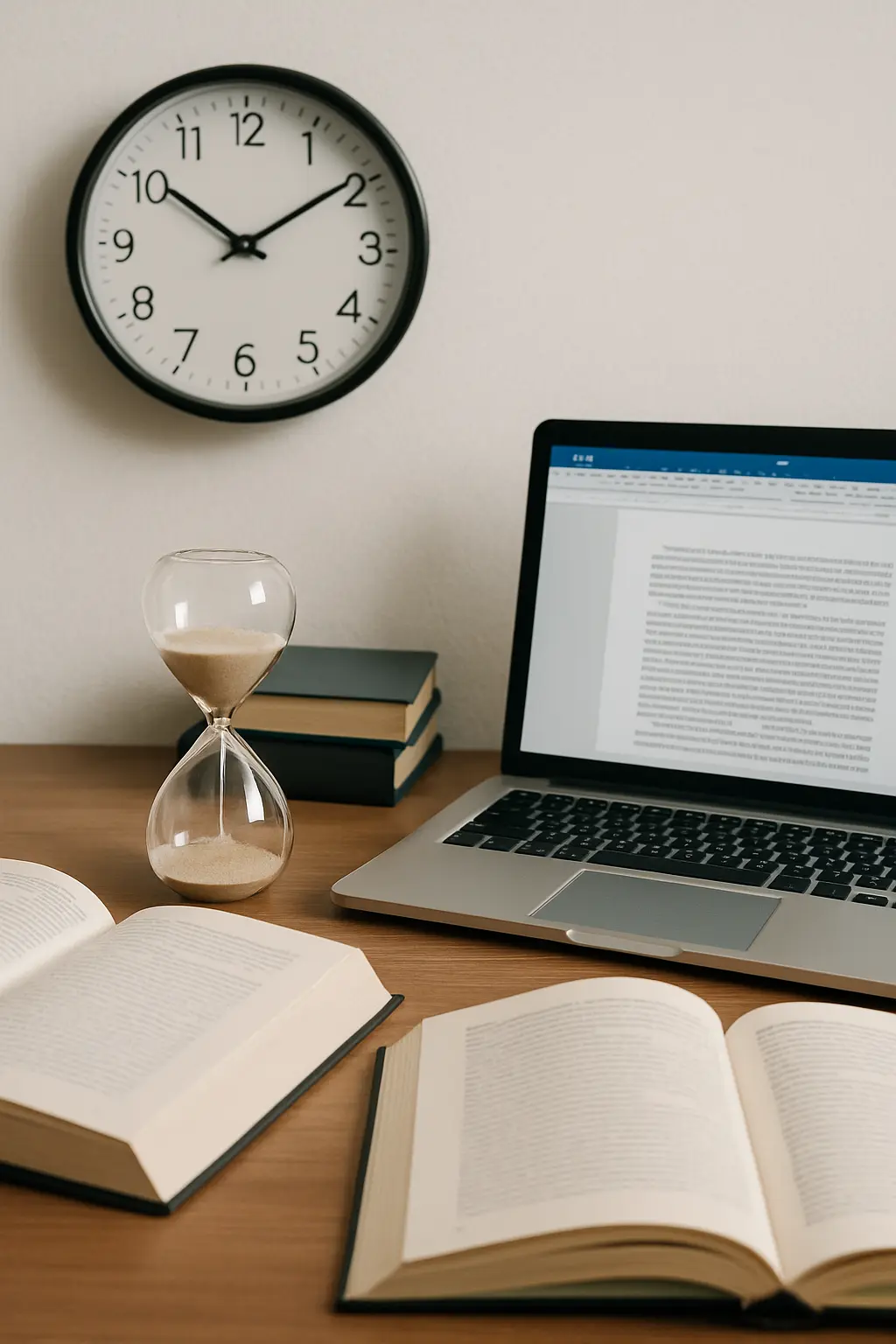 Reloj de arena junto a libros y portátil simbolizando la gestión del tiempo durante la redacción del TFG