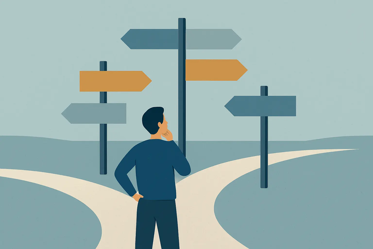 Ilustración editorial de una encrucijada de caminos representando las causas para cambiar de director de tesis