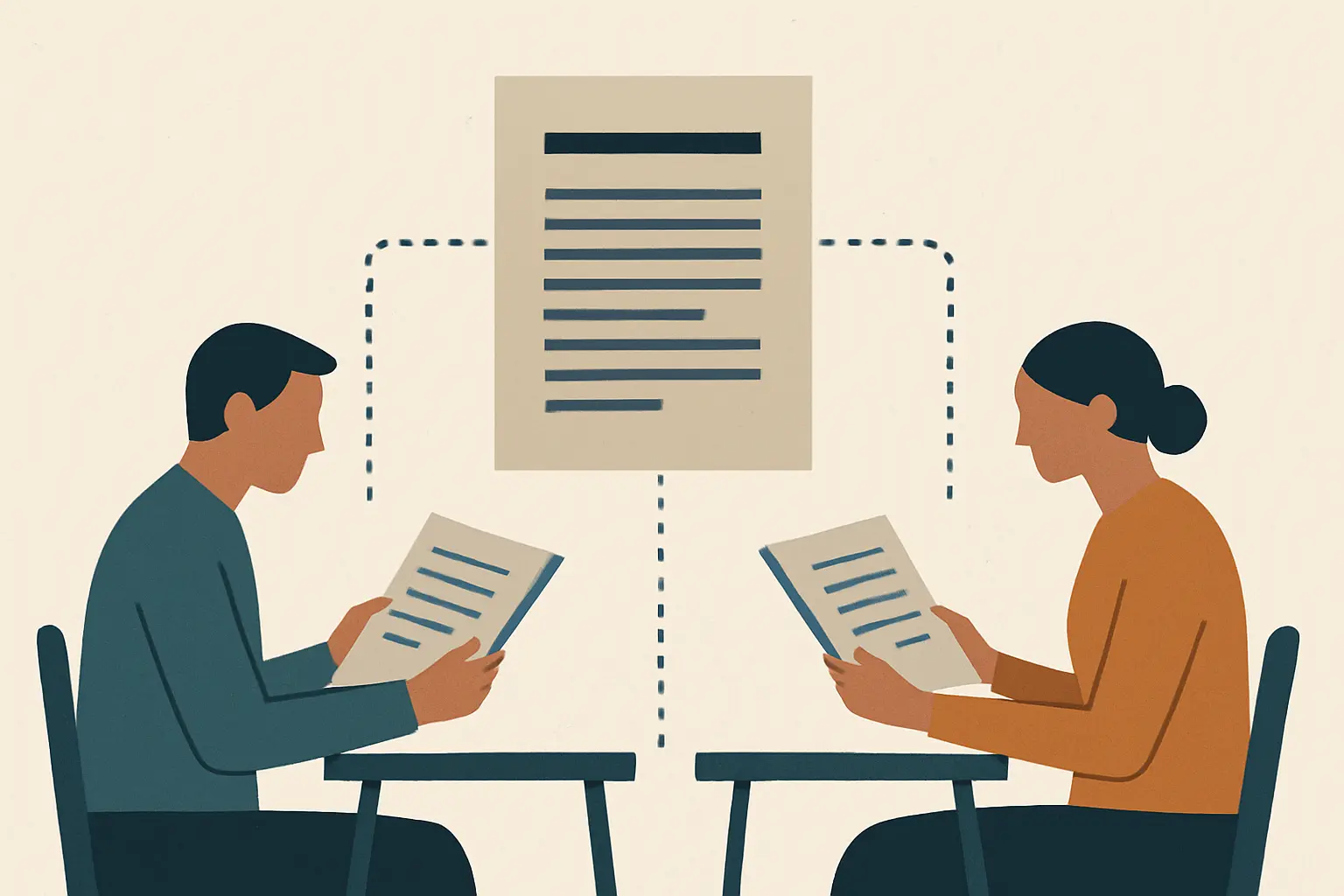 Ilustración editorial de evaluadores externos anónimos revisando de forma independiente una tesis doctoral