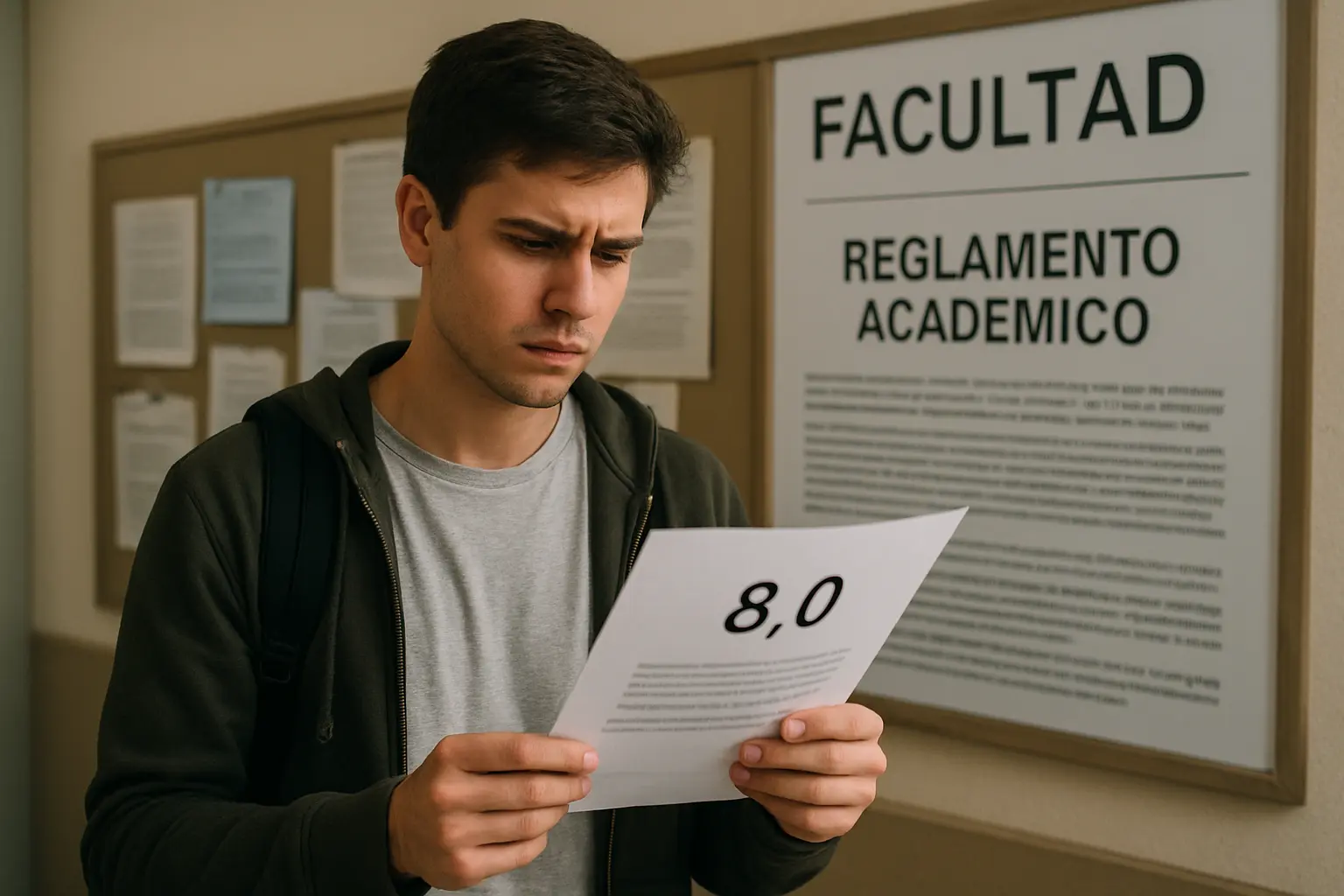 Estudiante revisando su calificación del TFG junto al reglamento de la facultad