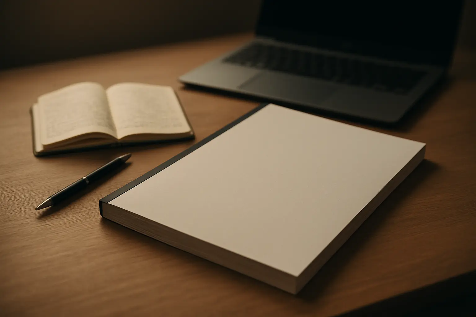 Mesa de trabajo con una memoria de prácticas impresa, un cuaderno de campo y un bolígrafo