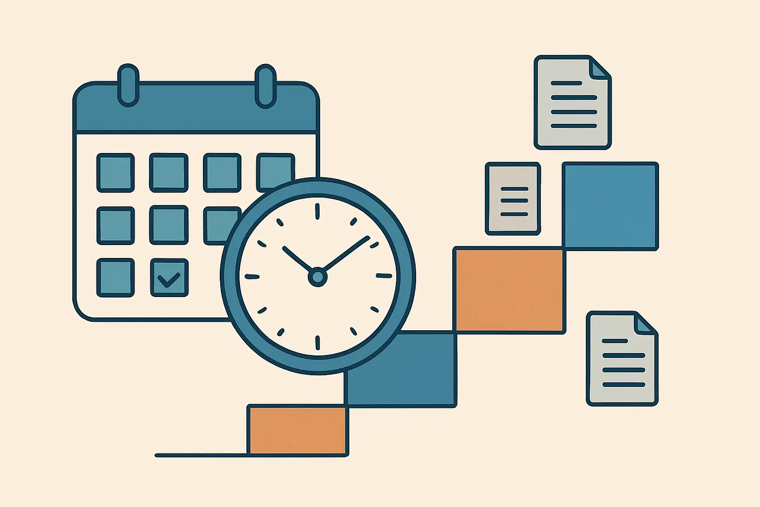 Ilustración editorial de un calendario y línea de tiempo con las fases del proceso de revisión externa